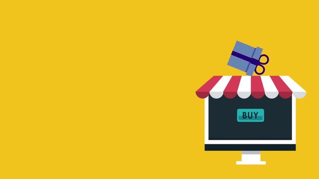 Buy online from computer cartoon over yellow background high definition animation colorful scenes