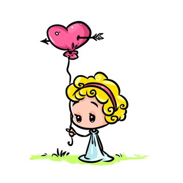 minimalism little girl balloon heart love cartoon illustration 