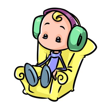 Boy sitting chair listening music headphones cartoon illustration isolated image minimalism