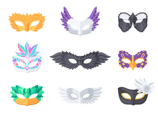 Set of nine different colored carnival masks
