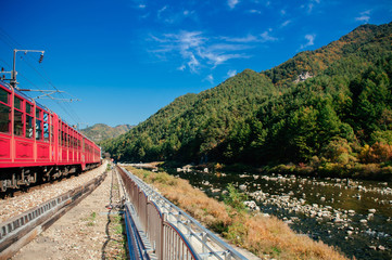 Fototapeta na wymiar V-Train sightseeing train run along stream and valley of Gangwon-do, South Korea