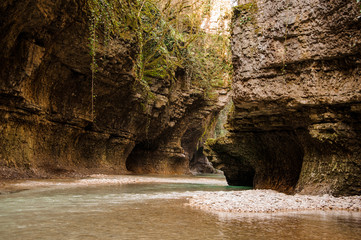 Amazingly beautiful wide shallow mountain river among the rocks and plants