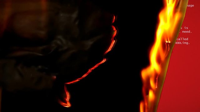 A funny fake BSOD (red error screen) failure message, recreated by me with a comedic meaning, destroyed by fast intense flames.
