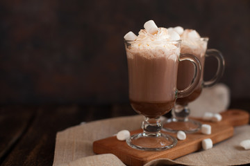 Two glasses with Hot chocolate garnished with whipped cream, marsmallow and cocoa powder.
