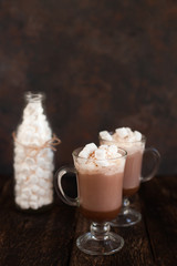 Two glasses with Hot chocolate garnished with whipped cream, marsmallow and cocoa powder.