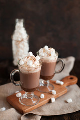 Two glasses with Hot chocolate garnished with whipped cream, marsmallow and cocoa powder on  wooden background with Cozy plaid from merinose wool