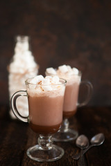Two glasses with Hot chocolate garnished with whipped cream, marsmallow and cocoa powder.