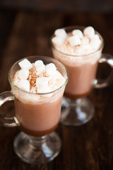 Two glasses with Hot chocolate garnished with whipped cream, marsmallow and cocoa powder.