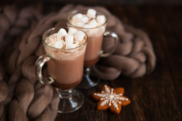 Two glasses with Hot chocolate garnished with whipped cream, marsmallow and cocoa powder on  wooden background with Cozy plaid from merinose wool