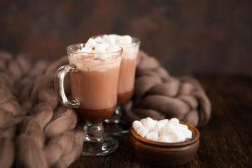 Two glasses with Hot chocolate garnished with whipped cream, marsmallow and cocoa powder on  wooden background with Cozy plaid from merinose wool