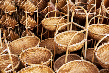  Many kind of basket that are made of bamboo. Basket wicker handmade. Traditional  bamboo texture. Handmade  wickerwork products for sale. Handcraft concept.