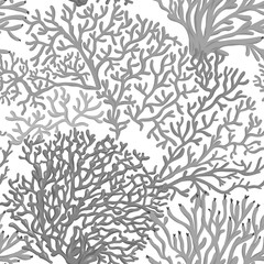 Fototapeta premium Morze świata wzór, tło z ryb, korali i muszli na białym tle. Stockowa ilustracja wektorowa. W monochromatycznej szarości