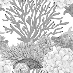 Fototapeta na wymiar Sea world seamless pattern, background with fish, corals and shells on white background. Stock vector illustration. In monochrome gray colors