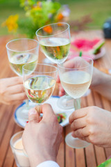 Family outdoor dinner in the garden in summer at sunset. Picnic food and drink concept