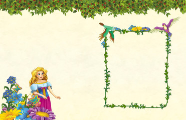 cartoon scene with floral frame - beautiful girl - princess- title page with space for text -  illustration for children