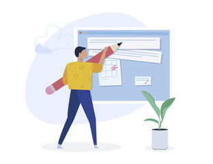 Fototapeta premium Copywriting, creative writing,content creating concept. Blogger character. Flat isometric vector illustration isolated on white background.