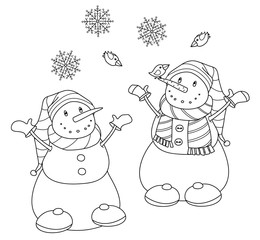 Vector   happy snowmen cartoons, black  silhouette isolated on white for coloring.