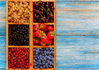 Berries spread out in wooden bowls