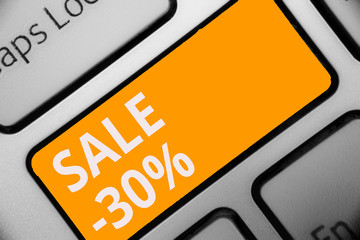 Writing note showing Sale 30. Business photo showcasing A promo price of an item at 30 percent...
