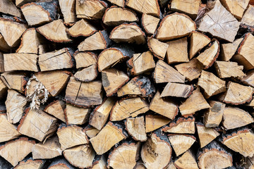 Firewood stack wall. Stack of wood prepared for winter and cold weather. Dry chopped oak wood....