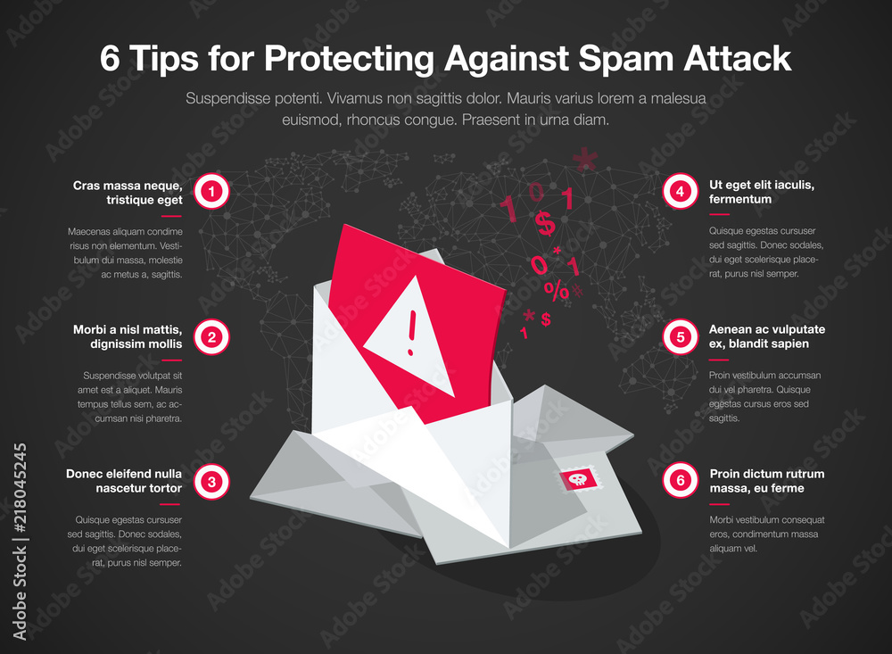 Aufkleber simple vector infographic for 6 tips for protecting against spam attack template isolated on dark ba