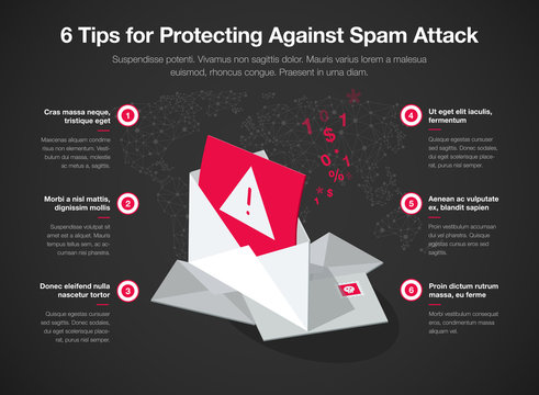 Simple Vector infographic for 6 tips for protecting against spam attack template isolated on dark background. Easy to use for your website or presentation.