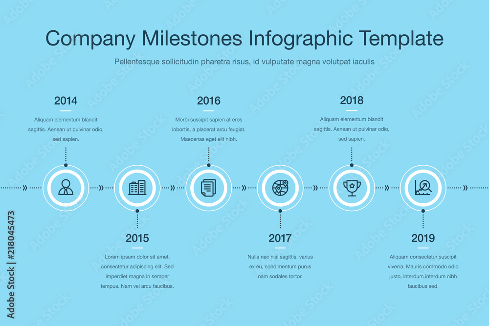 Poster business infographic for company milestones timeline template with white circles and dark icons isol