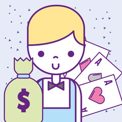 casino croupier male money bag and aces poker cards vector illustration