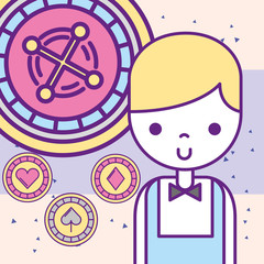 casino croupier male with roulette and chips vector illustration