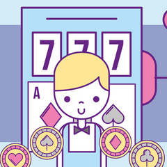 casino croupier male slot machine game chips gambling luck vector illustration