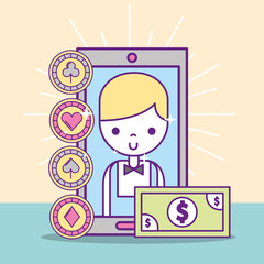 casino croupier male smartphone banknote application online vector illustration