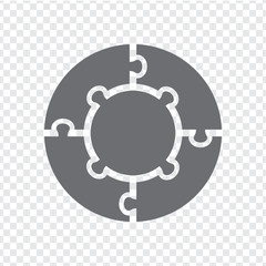 Simple icon circle puzzle in gray. Simple icon circle puzzle of the four  and center elements on transparent background. Flat design. Vector illustration EPS10.