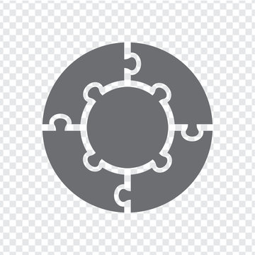 Simple icon circle puzzle in gray. Simple icon circle puzzle of the four  and center elements on transparent background. Flat design. Vector illustration EPS10.