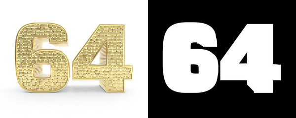 Golden number sixty four (number 64) on white background with drop shadow and alpha channel. 3D illustration