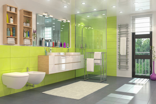 Modernes Badezimmer in weiß und grün mit Dusche, WC, Bidet, zwei Waschbecken und einem großen Spiegel