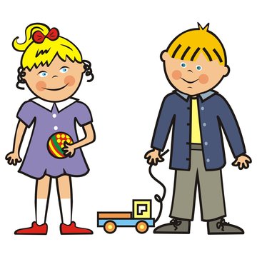 Happy kids, girl, boy and toys, vector icon