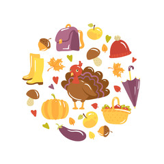 Autumn vector illustration with cute colorful icons. Set of pictures for fall events and sea vacations. Farm illustration on white background with autumn leaves for poster or postcard