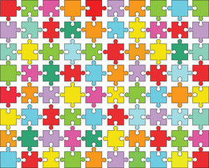 Multi-colored background from separate pieces of mosaic (puzzles) on a white background. Business, merger, joining, teamwork.