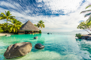 Infinity pool with palm tree rocks, Tahiti, French Polynesia - obrazy, fototapety, plakaty