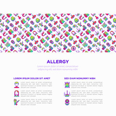Fototapeta na wymiar Allergy concept with thin line icons: runny nose, dust, streaming eyes, lactose intolerance, citrus, seafood, gluten free, dust mite, allergy test, edema. Vector illustration, print media template.