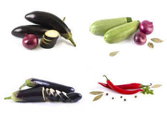 Eggplant and cabbage on white background. Red bitter pepper with vegetables on a white background. Fresh vegetables on a white background.