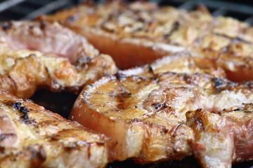 delicious food pork grilling on hot charcoal