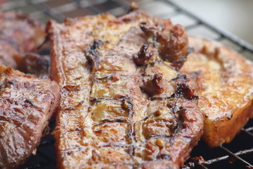 delicious food pork grilling on hot charcoal