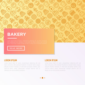 Bakery concept with thin line icons: toast bread, pancakes, flour, croissant, donut, pretzel, cookies, gingerbread man, cupcake, burger, waffle. Modern vector illustration, print media template.