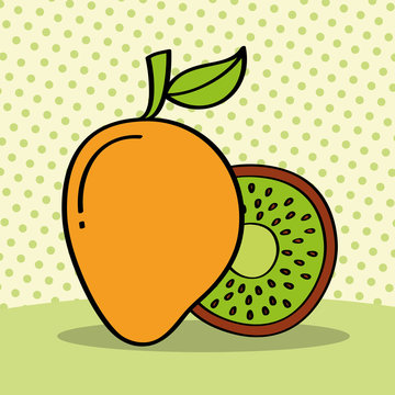 fresh mango and kiwi on dotted background vector illustration