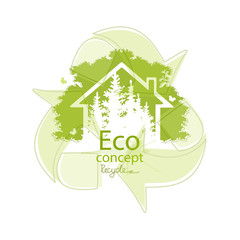 Logo design template of forest and house. Building vector silhouette. Vector logo illustration. The concept of ecology, to save the planet. Eco friendly. Environmentally friendly world. Recycling.