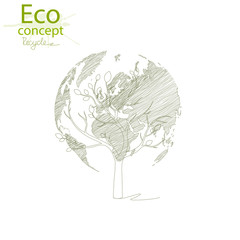 Green globe on the tree. Tree with globe. Environmentally friendly world. Creative drawing ecological concepts. Happy family stories. The concept of ecology, to save the planet. Vector illustration. 