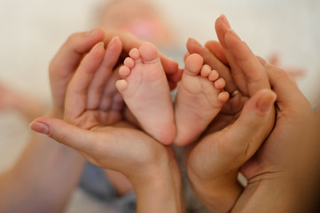 Baby feet heart: little baby feet in mom and dad hands © fesenko