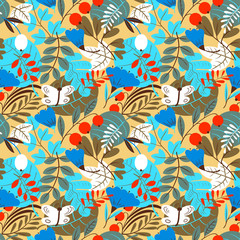 Fototapeta na wymiar Floral seamless pattern. Background with flowers and leaves. Vector illustration with natural objects