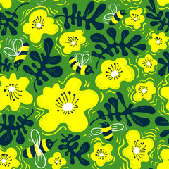 Floral background. Seamless pattern with bee and flower in doodle sketchy style. Cute vector illustration